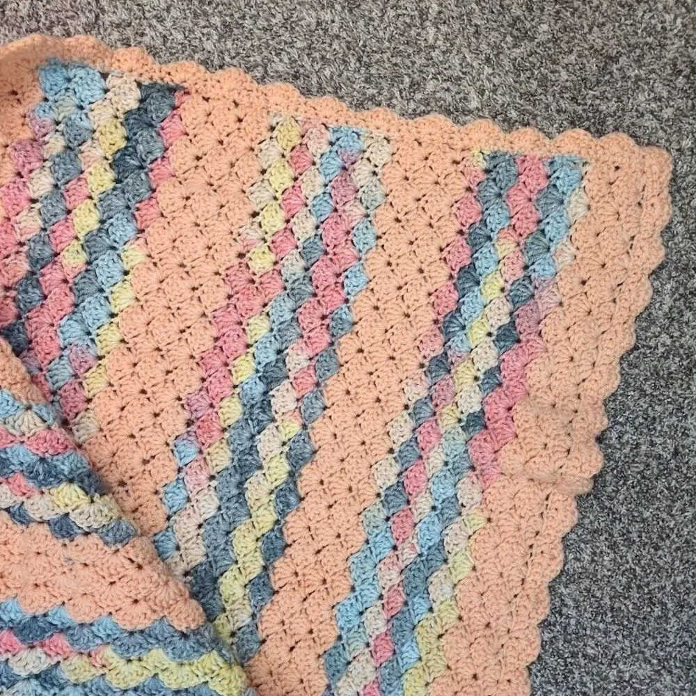 Handmade Crochet Afghan Throw Peach & Multicolor Stripes Scalloped Edge